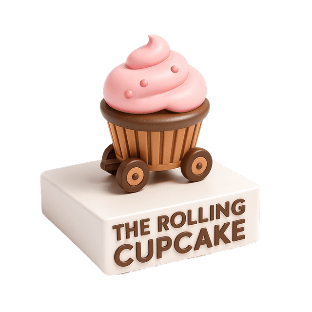 3D logo of Rolling Cupcake on a pedestal